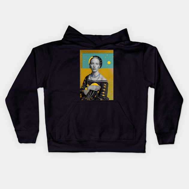 Renaissance Surrealism Painting of a Lady in Blue and Yellow Kids Hoodie by Bootyfreeze